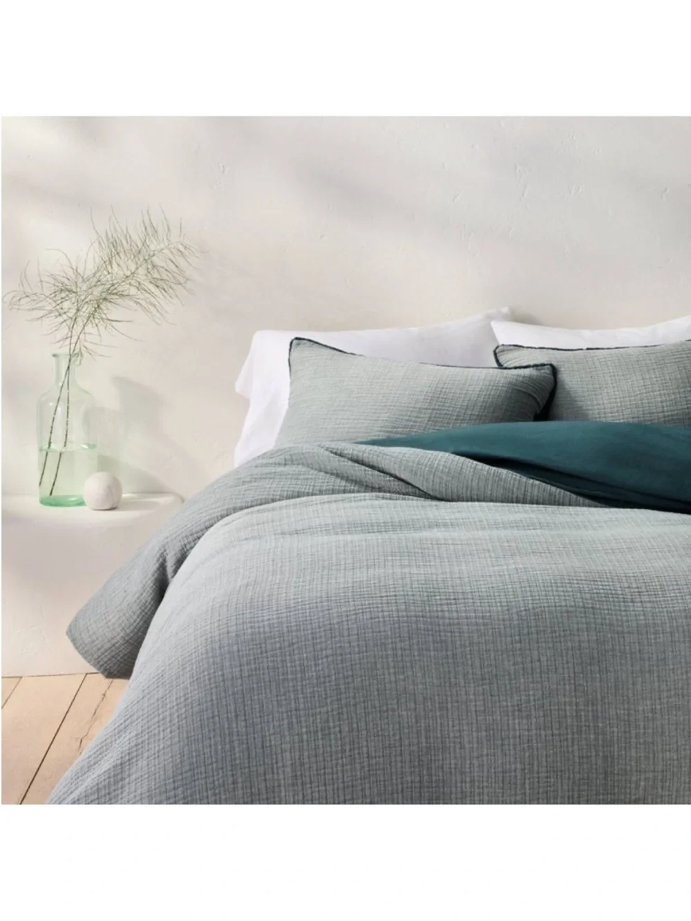 NWT Full/Queen Textured Chambray Cotton Duvet Cover & Sham Set Dark Teal Blue